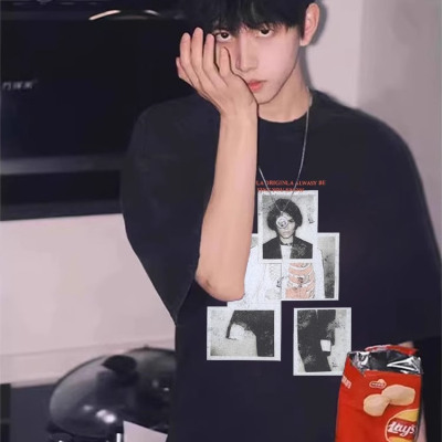 美式复古高街潮流人像拼接印花短袖t恤男款夏季重磅纯棉痞帅上衣