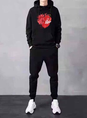 连帽休闲运动服套装男士秋冬季潮流宽松印花卫衣卫裤两件套百搭男