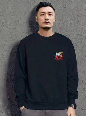 黑色痞帅圆领卫衣男ins港风帅气重磅学生青年百搭加绒加厚套头衫