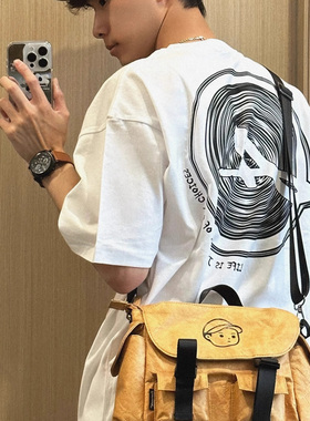 白色纯棉背后印花t恤男短袖宽松夏季港风潮牌痞帅青少年炸街上衣