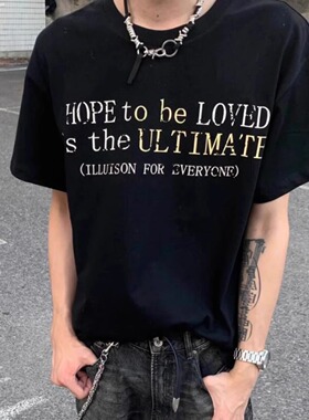 黑色美式字母印花短袖t恤男生潮牌潮流夏季2025新款重磅纯棉上衣