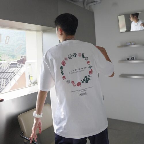 潮牌后背创意印花短袖T恤男士夏季新款宽松纯棉半袖体恤
