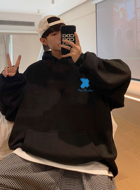 黑色帅气连帽卫衣男士秋冬2024新款纯棉潮牌休闲带帽加绒套头上衣