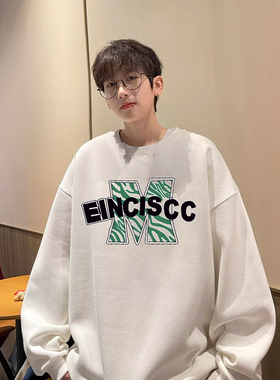 港风白色圆领卫衣男秋冬新款潮牌宽松男生休闲加绒加厚情侣上衣服