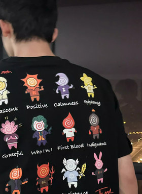 黑色卡通印花t恤男生短袖美式高街潮牌夏季2025新款趣味宽松上衣