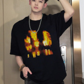 国潮牌美式 纯棉重磅宽松上衣TEE t恤男生夏季 大码 火焰印花短袖