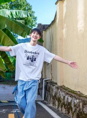 设计感白色纯棉短袖男圆领宽松半袖重磅t恤美式上衣2025新款夏季