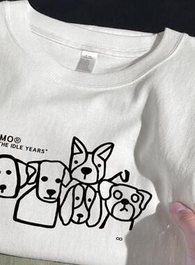 涂鸦小狗正肩短袖t恤男夏季新款纯棉白色内搭打底衫男款宽松上衣