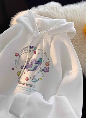 白色设计感连帽卫衣男士秋冬季美式宽松休闲潮流加绒外套百搭上衣