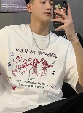 白色卡通涂鸦印花短袖t恤男高中生2025新款美式重磅纯棉半袖体恤
