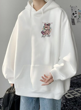 白色连帽卫衣男秋冬季宽松外套美式潮牌男生2024新款oversize加绒