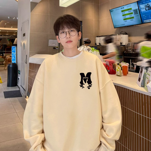 杏色印花圆领卫衣男款秋冬季潮牌青少年学生宽松加绒加厚T恤上衣