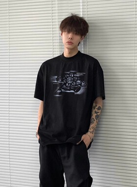 黑色痞帅炸街青少年短袖t恤男潮牌夏季2025新款美式重磅纯棉上衣
