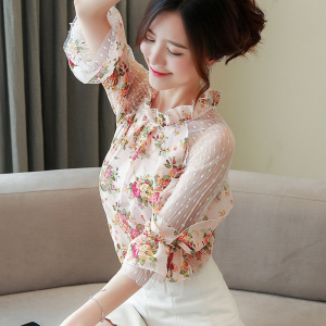 RY1720#蕾丝网纱拼接碎花雪纺衫露肩灯笼袖超仙上衣