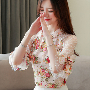 RY1720#蕾丝网纱拼接碎花雪纺衫露肩灯笼袖超仙上衣