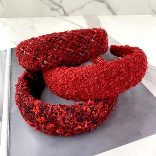 红色羊毛呢高颅顶宽发箍港风厚海绵头箍粗花呢小香风头饰新年发卡