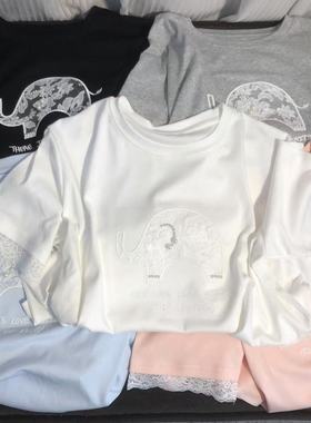 慧慧来自星星女装店  THEEE袖子蕾丝拼接小象休闲短袖