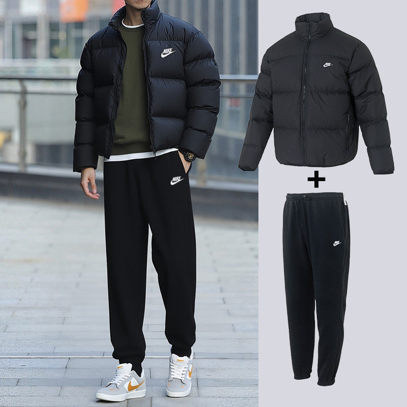 耐克男装运动套装25冬季新款立领羽绒服外套束脚加绒长裤两件套潮