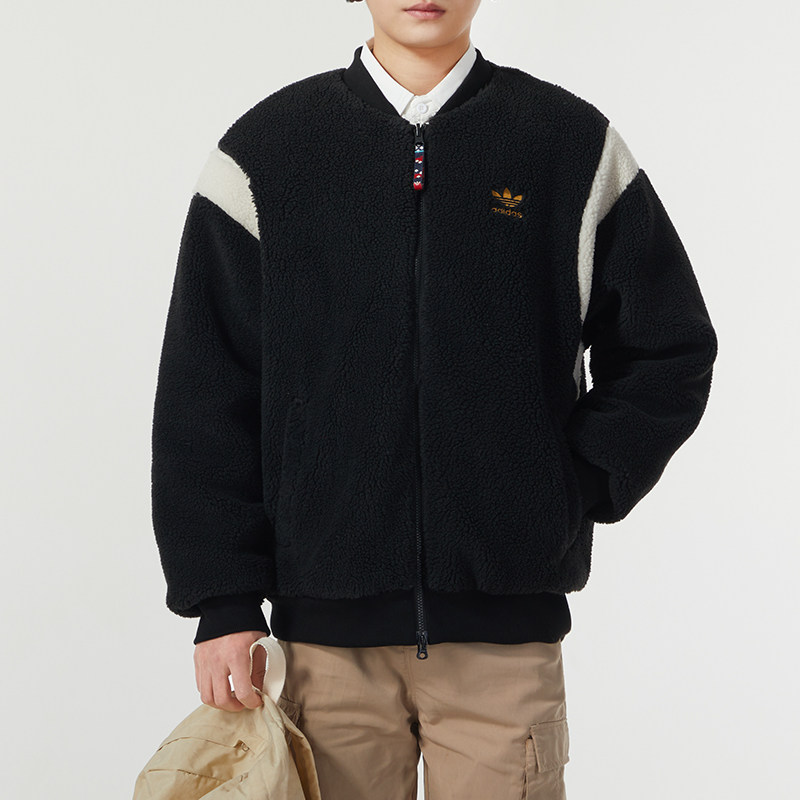 阿迪达斯三叶草男装女装情侣双面穿运动服仿羊羔绒情侣夹克外套
