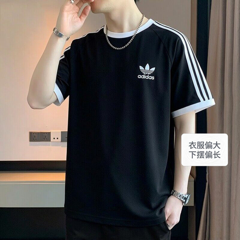 阿迪达斯三叶草圆领T恤男装三条纹休闲短袖男士运动服透气半袖潮