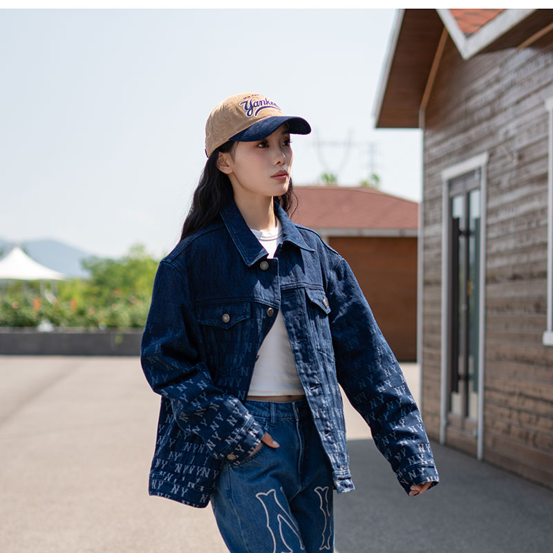 MLB官方 外套男女同款NY老花满印渐变休闲牛仔外套茄克3ADKM0644