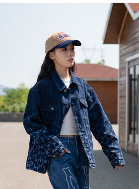 MLB官方 外套男女同款NY老花满印渐变休闲牛仔外套茄克3ADKM0644