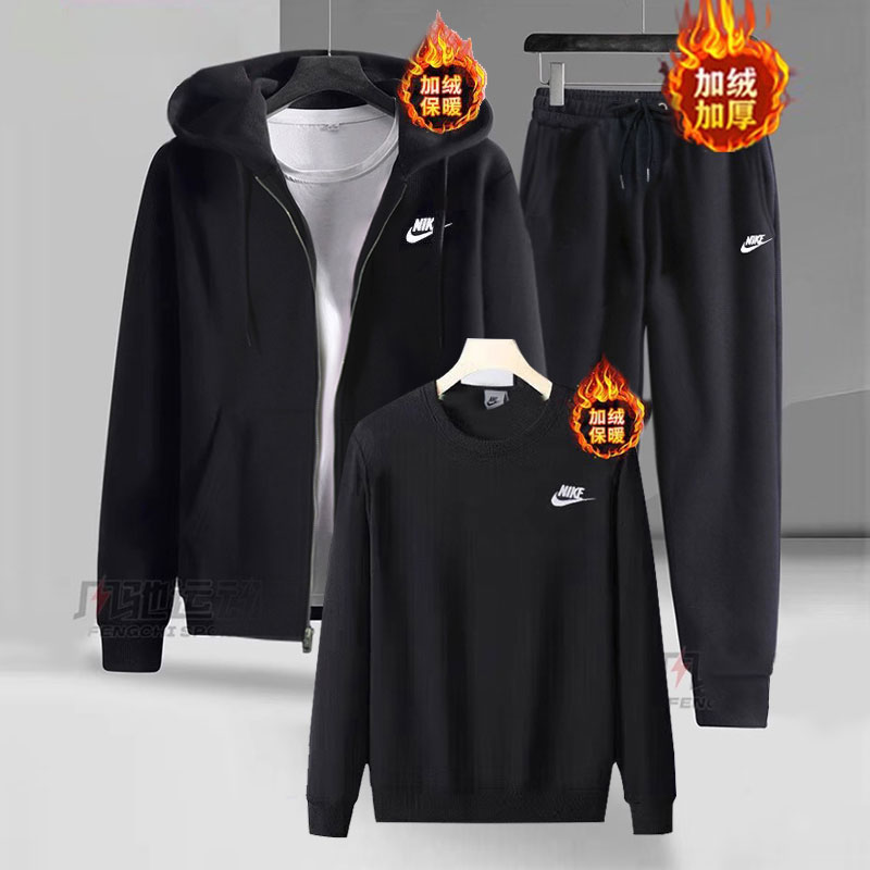 耐克运动套装男装2025冬季新款外套夹克加绒束脚裤卫衣长裤三件套