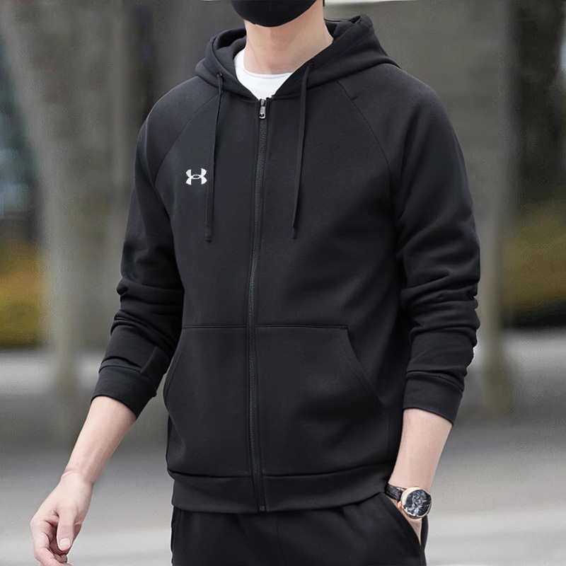 安德玛外套男士秋季新款长袖针织连帽卫衣男款加绒休闲夹克运动服