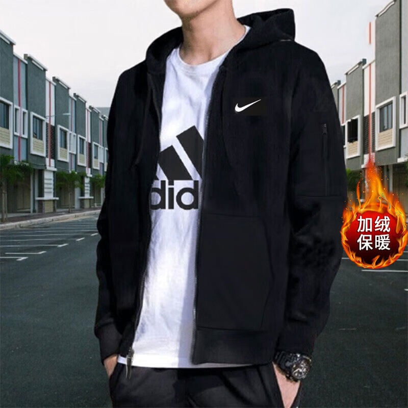 耐克加绒外套男装25秋冬新款加厚运动服宽松连帽开衫保暖卫衣夹克
