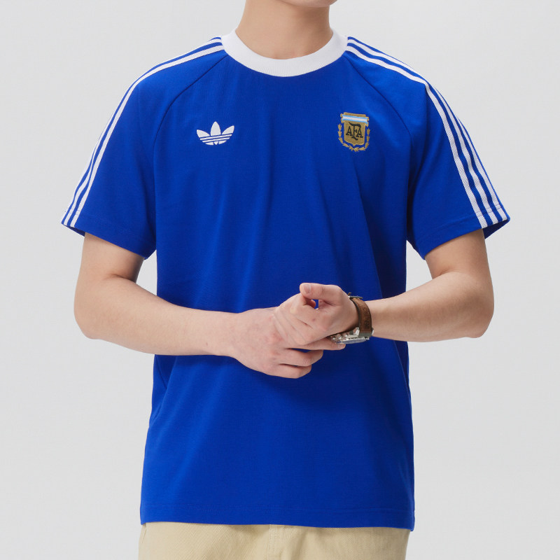 Adidas阿迪达斯蓝色短袖夏季运动T恤男复古撞色圆领半截袖JZ