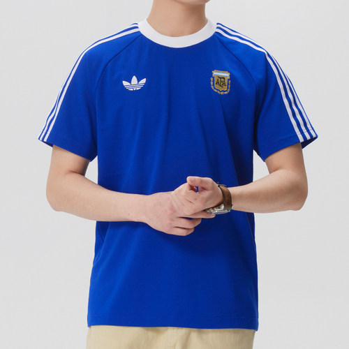 幸运叶子|Adidas阿迪达斯蓝色短袖T恤男复古撞色圆领半截袖JZ6307