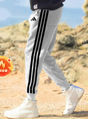 阿迪达斯灰色加绒裤子男裤冬季新款保暖运动裤卫裤休闲加厚收口裤