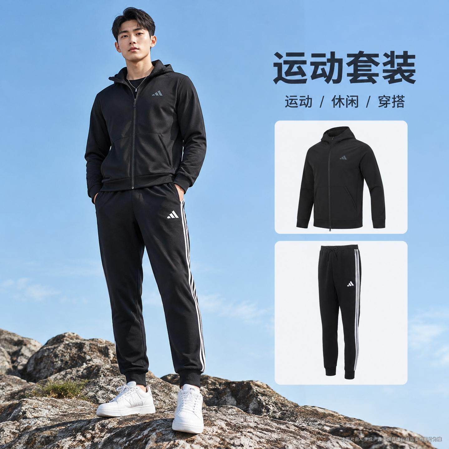 阿迪达斯运动套装男装冬季新款休闲运动服加绒长裤连帽夹克男外套