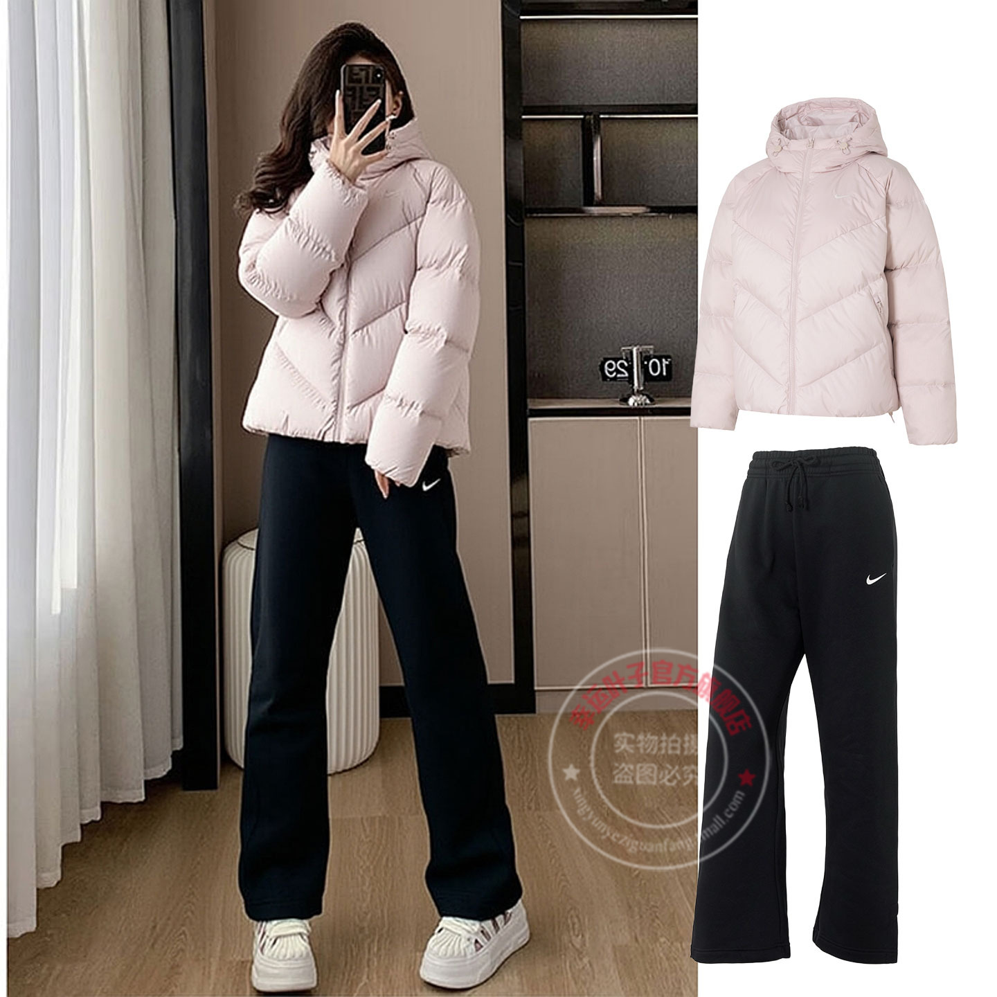 Nike耐克运动套装女2025秋季新款连帽羽绒服保暖加绒高腰阔腿裤子