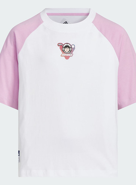 阿迪达斯撞色短袖童装2025新款儿童印花T恤休闲运动服半袖JM7988