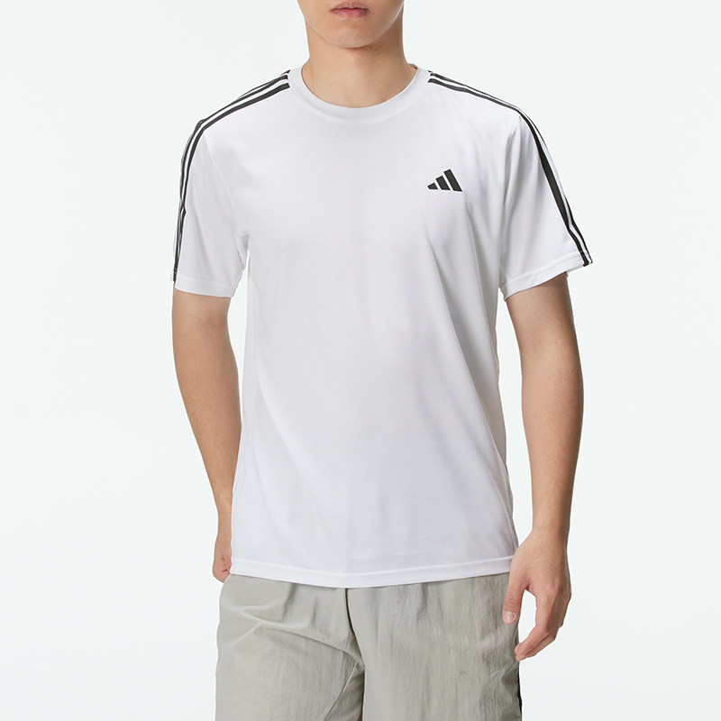 阿迪达斯圆领T恤男装夏季新款跑步训练运动服透气短袖休闲五分袖