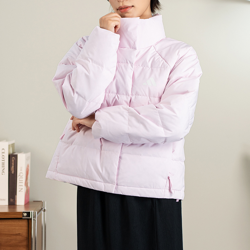 阿迪达斯粉色羽绒服女2025冬季新款立领运动服保暖舒适外套KH3976