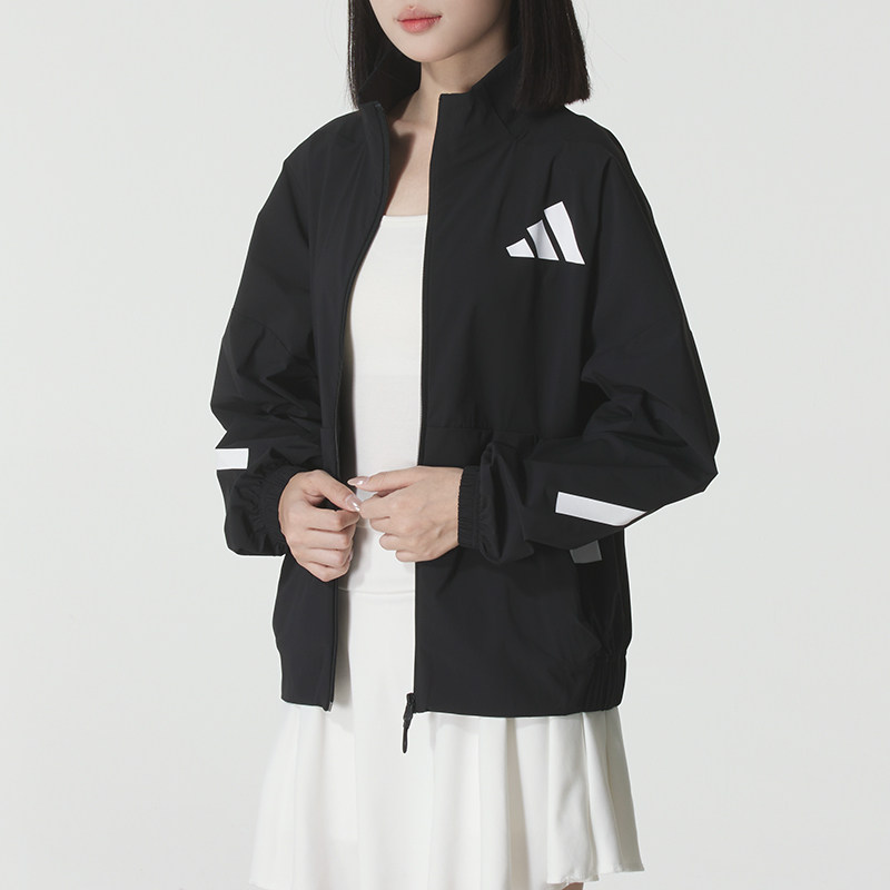 阿迪达斯立领梭织外套女装2025新款跑步休闲运动服宽松夹克KE4882