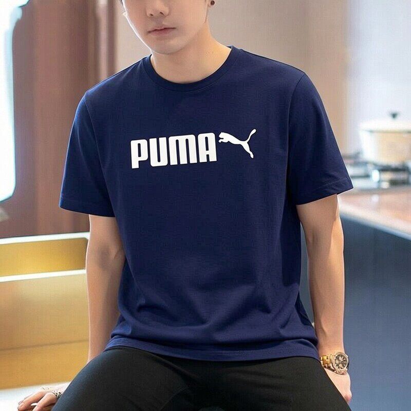 PUMA彪马蓝色短袖男装2026新款男士纯棉圆领运动服休闲半袖T