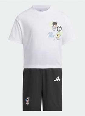 阿迪达斯运动套装童装短袖短裤休闲两件套圆领T恤跑步裤子JM7983