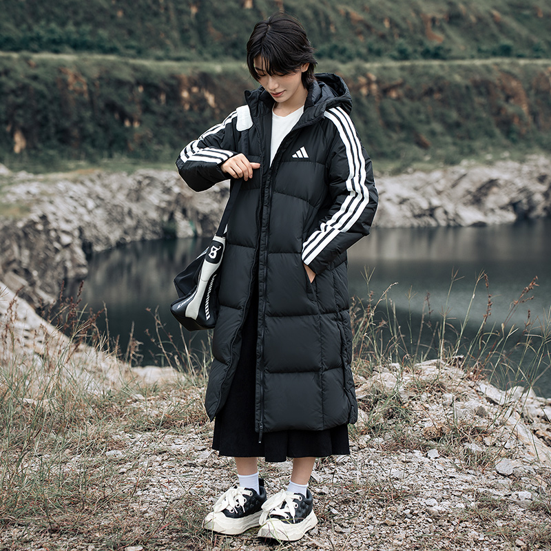 阿迪达斯长款羽绒服男2025新款经典三条纹运动服棉羽夹克防风外套
