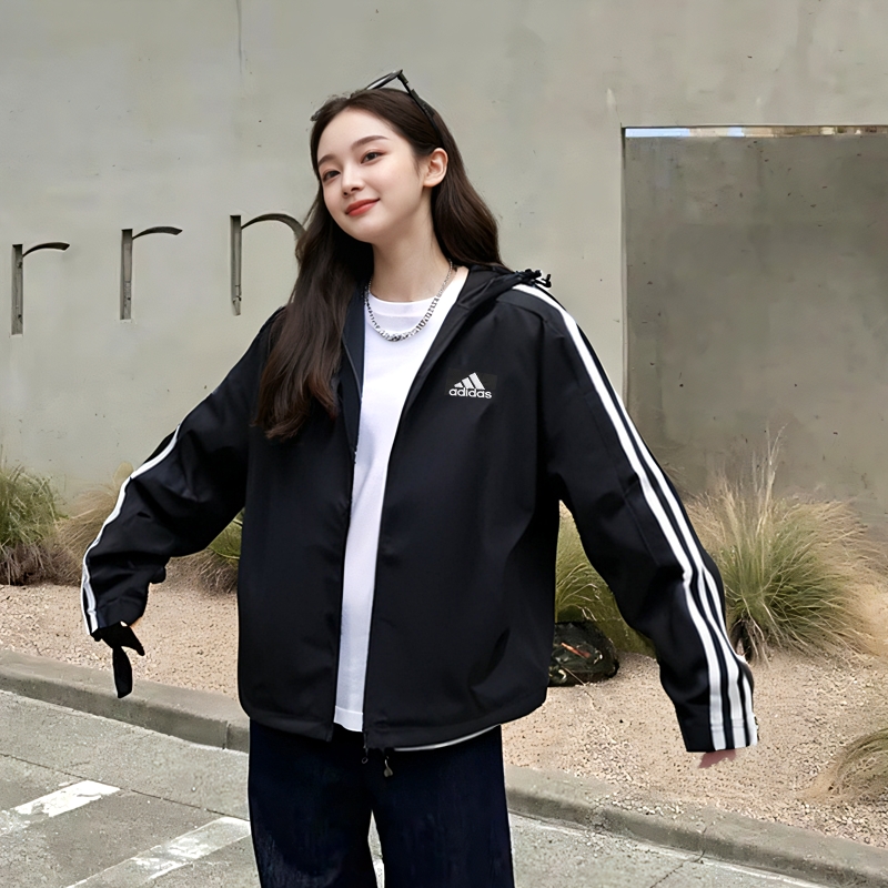 阿迪达斯外套女装2025春季新款运动服宽松上衣男装梭织连帽夹克