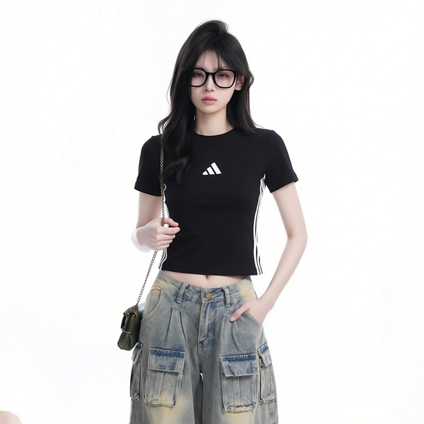 阿迪达斯短袖女装修身短款运动T恤女款夏季新款黑色透气半袖上衣