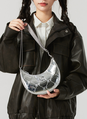 MLB官网单肩包儿童女包2025新款运动拎包银色亮面斜挎包7ACRMD75N