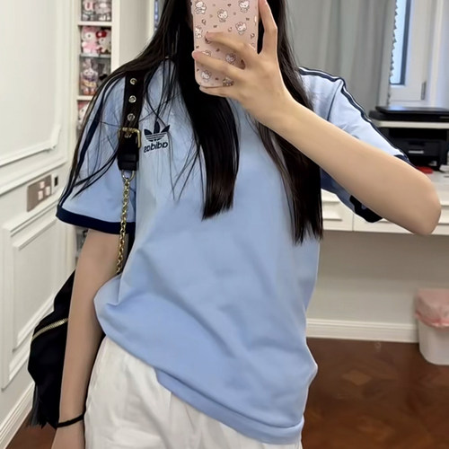 幸运叶子|阿迪达斯三叶草短袖女新款三条纹纯棉圆领T恤男装JN7018
