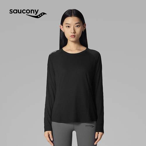 Saucony索康尼圆领长袖T恤女装2025新款黑色套头打底衫休闲运动服