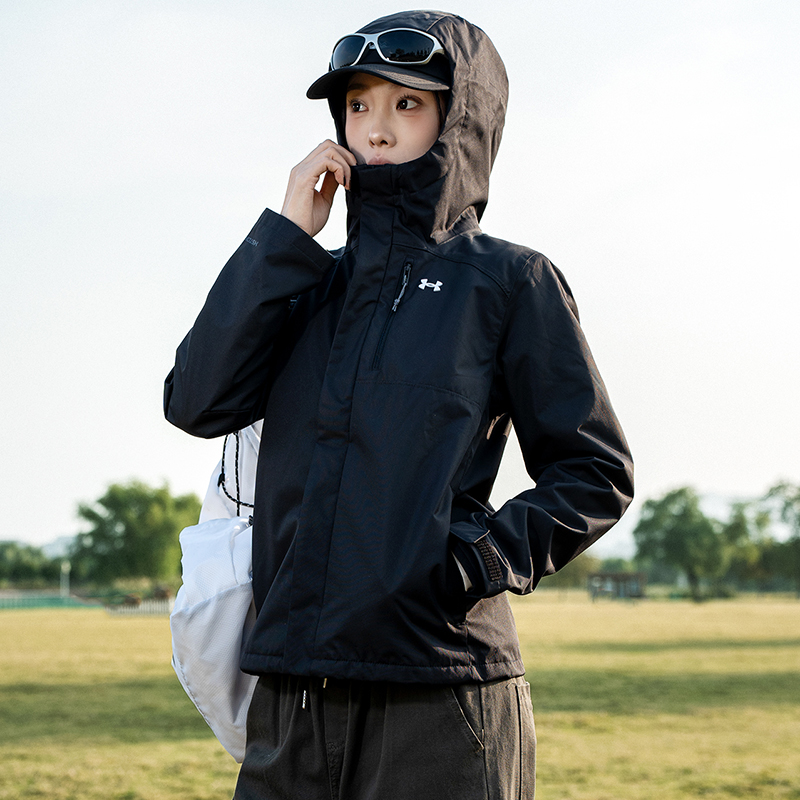 UA安德玛黑色三合一夹克女装冬季新款保暖防风外套跑步训练运动服