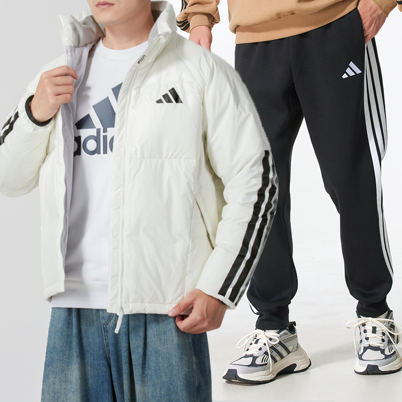 阿迪达斯运动套装男冬季新款立领保暖羽绒服针织加绒三条纹束脚裤