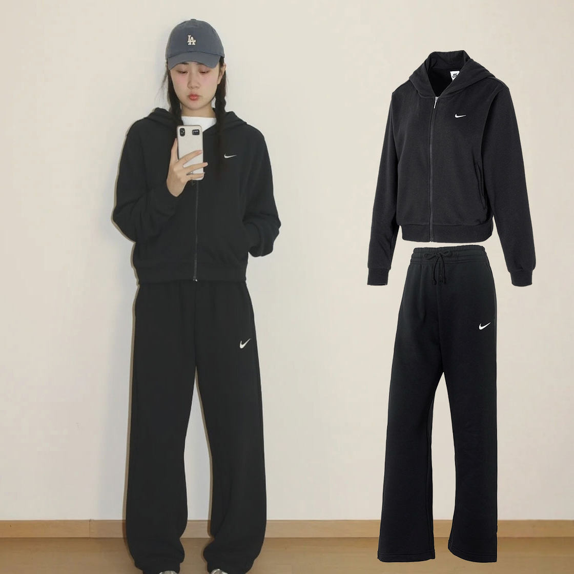 Nike耐克运动套装女秋季新款连帽针织外套保暖宽松裤子休闲两件套