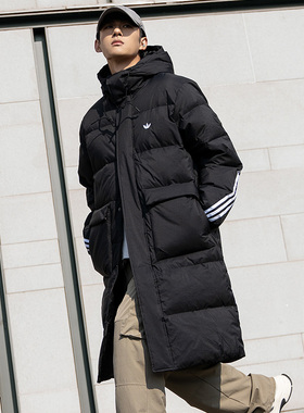 阿迪达斯三叶草男子黑色长款羽绒服25冬季新款运动休闲外套KC2564